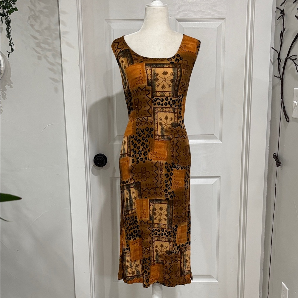 Vintage White Stag Patchwork Midi Dress - Orange and Brown - Picture 2 of 10